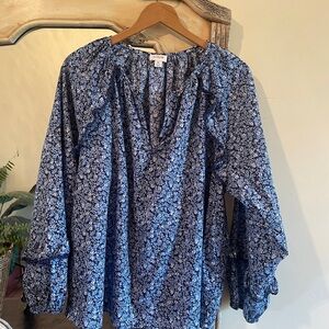 J. Crew Blue Floral Ruffled Bishop Sleeve Blouse